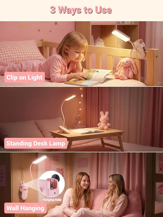 Pink Desk Lamp Cute Reading Light,45 Modes Dimmable Clip on Light with 4000mAh Battery,450 Lumen Rechargeable Desk Lamp with Clamp,Cordless & Wireless Pink Lamp for Girls Room/Kids Bedroom/Dorm/Bed