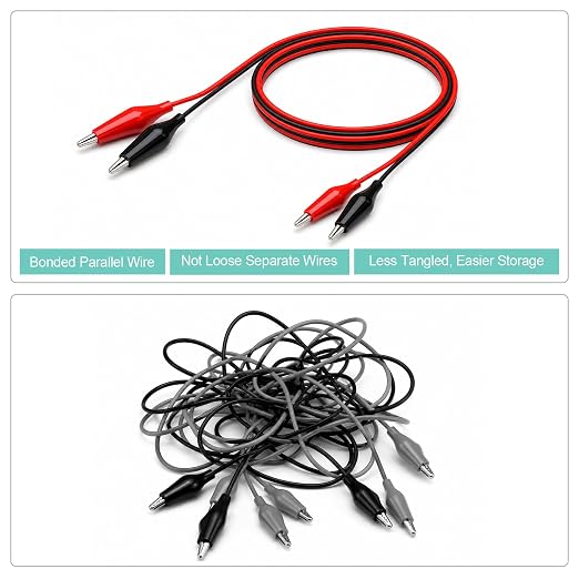 3 Pairs Alligator Clips with Wires | Red Black Bonded Parallel Test Leads, Joined Side-by-Side 100cm/39.4in Copper Cable for Breadboard & DIY Projects