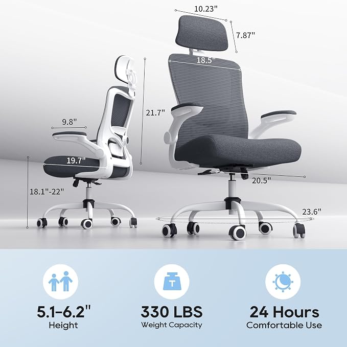 Ergonomic Office Chair for Long Hours, Adjustable Padded Lumbar Support for Lower Back Relief, 330 lb Capacity, Comfortable Computer Desk Chair for Home Office, Work & Study