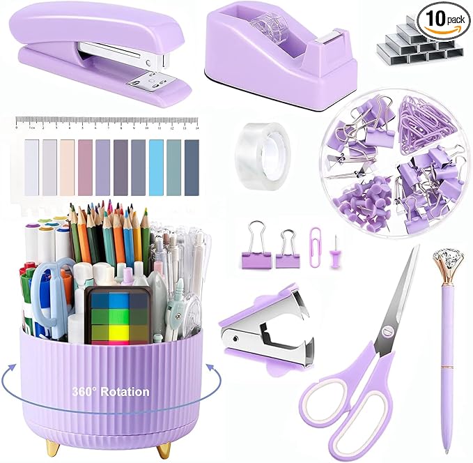 Office Supplies,Purple Desk Accessories,Office Supplies Set,Desk Organizer,Stapler,Tape Dispenser,Scissors,Staple Remover,Binder Clips,Staples,Ballpoint Pen,Index Tabs with Ruler,Clear Tape.10pcs