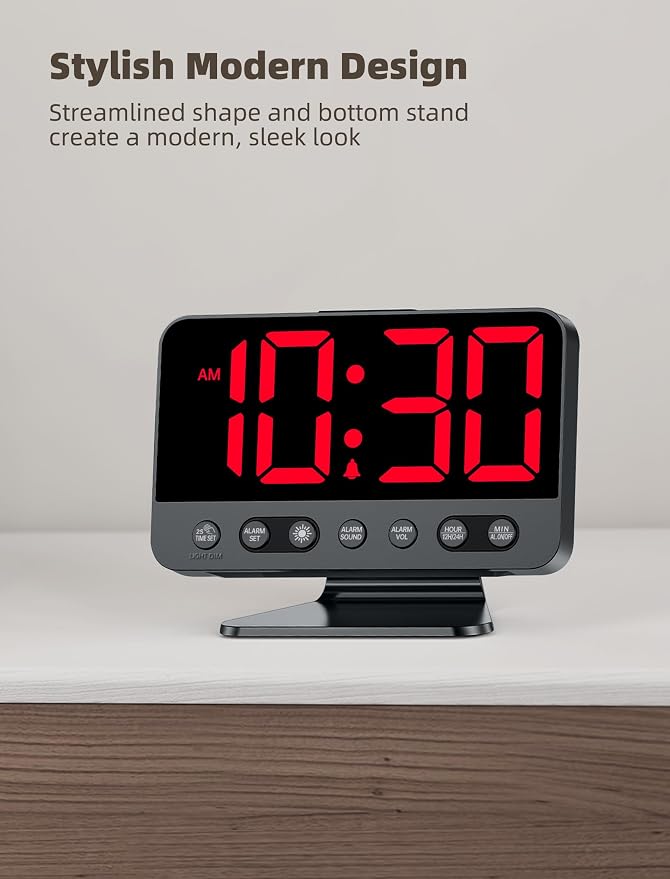 Odokee Digital Alarm Clocks for Bedrooms with Large Bold Number | Electric Desk Clock with Night Light & Brightness Dimmer - Loud Alarm for Heavy Sleepers with Adjustable Volume - Red