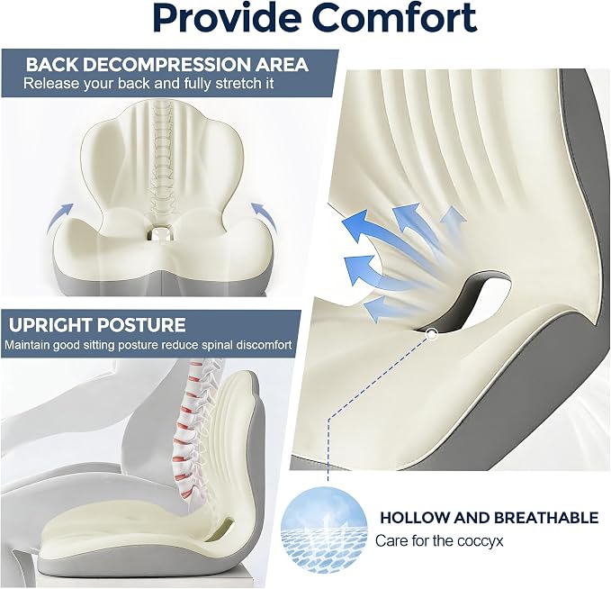 Seat Cushion for Office Chair Car, L-Shaped Ergonomic Seat Cushions,Memory Foam Orthopedic Cushion with Coccyx Hollow,Lumbar Support & Tailbone Pain Relief for Car, Truck, Gaming Chair,Beige & Gray