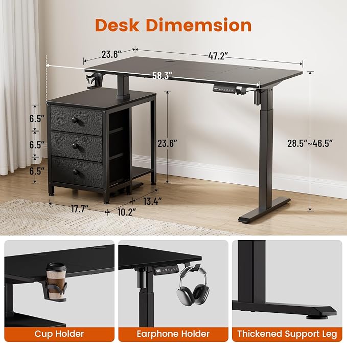 REAHOME 47 Inch Black Electric Height Adjustable Standing Desk with Drawers | Dual Motor Sit-Stand Frame With 3 Memory Presets, Printer Cabinet, Hooks & Cable Management For Home Office Gaming Desk