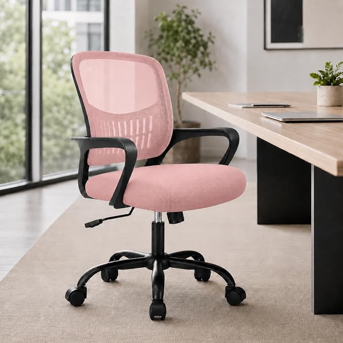 Ergonomic Office Chair, Home Office Desk Chair, Game Chair with Lumbar Support, Breathable Mesh Chairs, Swivel Desk Chairs for Computer, Home, Office, 360° Swivel (Pink)
