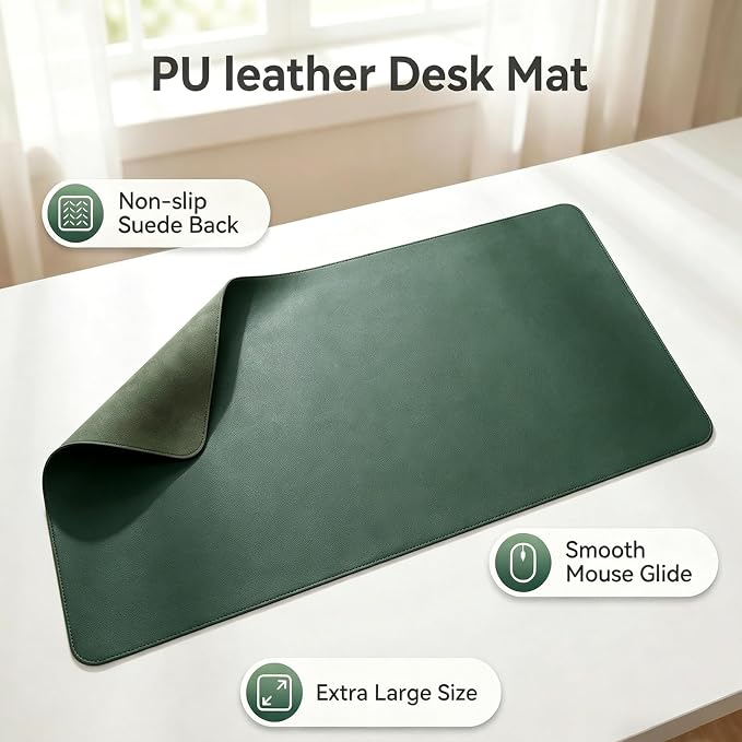 Leather Desk Mat, Office Writing Desk Pad, Large 16" x 55" Dark Green, for Top of Desks, Gift Ready Elegant Computer Desk Cover Protector PU Leather