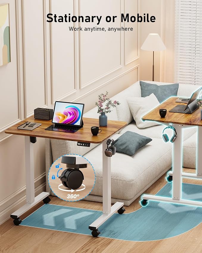 32" Small Rolling Electric Standing Desk Adjustable Height for Home Office | Mobile Sit Stand up Desk with Lockable Casters for Computer Workstation, Memory Preset, 2 Hooks, White Frame/LightBrown Top