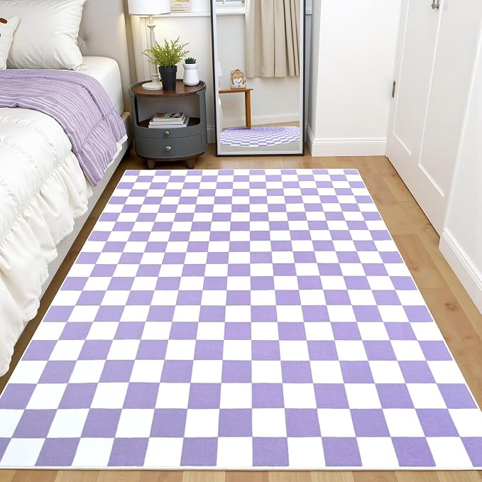 Terrug Purple and White Checkered Rug for Bedroom,4x6 Area Rugs Washable with Non Slip for Living Room,Soft Low Pile Stain Resistance Retro Carpet for Dorm Kids Room
