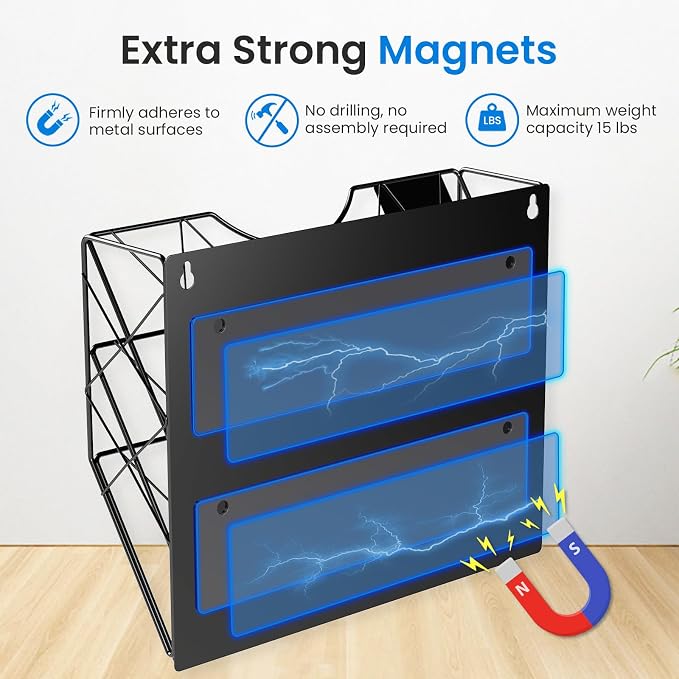Patvingot Strong Magnetic File Holder, 3-Tier No-Drill Organizer | File cabinets, refrigerator sides and whiteboards; up to 8.8 lb; 3 tiers keep folders, mail and magazines visible and sorted