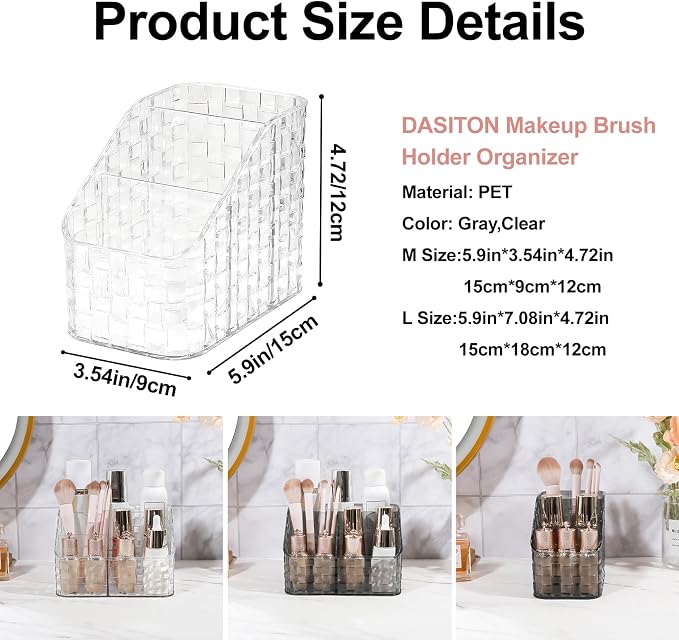 DASITON Makeup Brush Holder Organizer, 3 Slots Acrylic Makeup Brushes Storage Cup, Woven Texture Make Up Brush Holder for Vanity Bathroom Office, Pen Holder for Desk, Cosmetic Display Cases (Clear M)