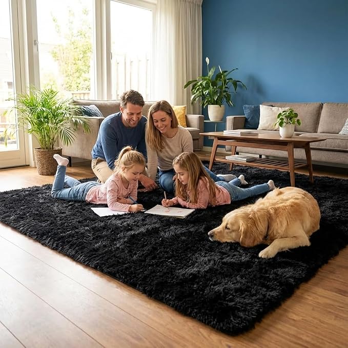 Black Rugs for Living Room, 4x6 Feet Large Fluffy Area Rugs for Bedroom, Soft Carpet Shag Kids Rug for Nursery, Bedside, Indoor, Dorm Decor