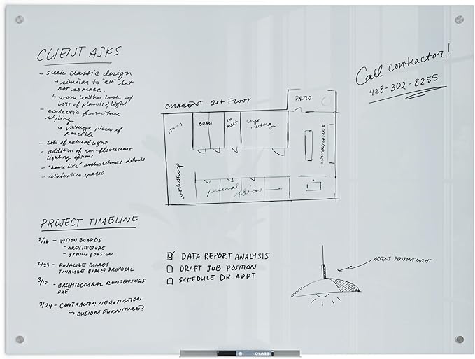 U Brands Magnetic Glass Dry Erase Board, Only for Use with HIGH Energy Magnets, 36" X 48" Inches, White Frosted Surface, Frameless (2299U00-01)