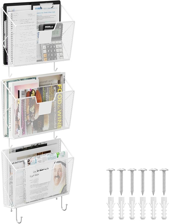 OYEAL Hanging Wall File Organizer Holder 3 Pack Mesh Wall Mounted Magazine Holder with Hooks, Metal Wall Document Pocket Mail Organizer for Office/Home Organization and Storage, White