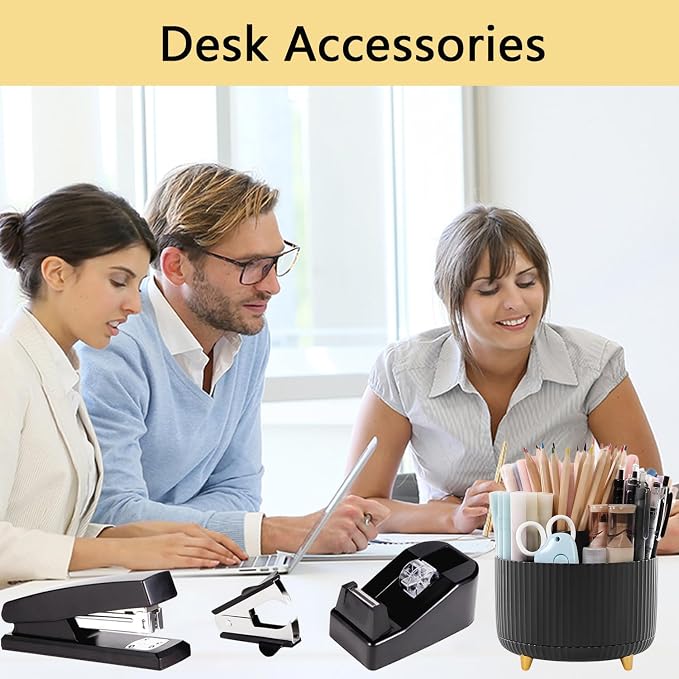 Office Supplies,Black Desk Accessories,Office Supplies Set,Desk Organizer,Stapler,Tape Dispenser,Scissors,Staple Remover,Binder Clips,Staples,Ballpoint Pen,Index Tabs with Ruler,Clear Tape.10pcs