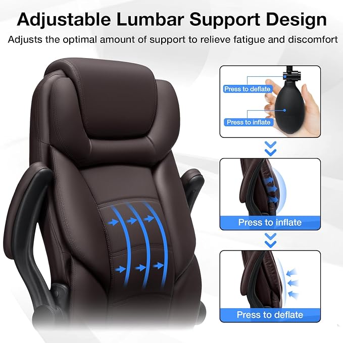 HOFFREE Executive Office Chair Big and Tall 450lbs Heavy Duty Office Chair with Adjustable Lumbar Support High Back Ergonomic Computer Leather Home Chair with Flip-up Arms for Heavy People,Brown