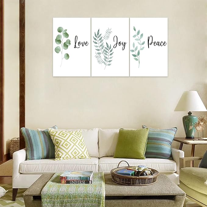 3 Piece Inspirational Wall Art, White Plants Background Picture, Quotes "Love Joy Peace" Canvas Print for Bedroom Decor, Triptych Entrepreneur Painting Framed Artwork for Gym Wall Decor (48"Wx24" H)
