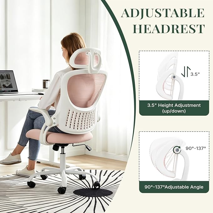 Ergonomic Office Chair, Desk Chair Comfy with Wheels, Adjustable Headrests, Small Office Chair with arms, Breathable Mesh High-Back, Comfortable Swivel Seating for Home Office, Pink