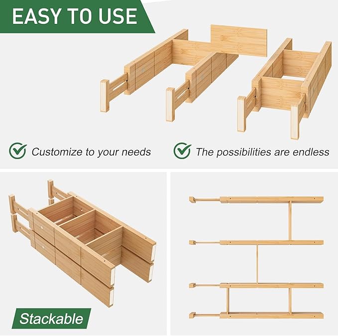 Bamboo Drawer Dividers – Adjustable Expandable Drawer Organizer (4-Pack + Inserts), Spring-Loaded Bamboo Drawer Separators for Kitchen Utensils, Silverware, Dresser & Bathroom Organization