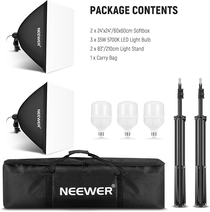 NEEWER 700W Equivalent Softbox Lighting Kit, 3Pack UL Certified 5700K LED Lighting Bulbs, 24x24 inches Softboxes with E26 Socket, Photography Continuous Lighting Kit Photo Studio Equipment