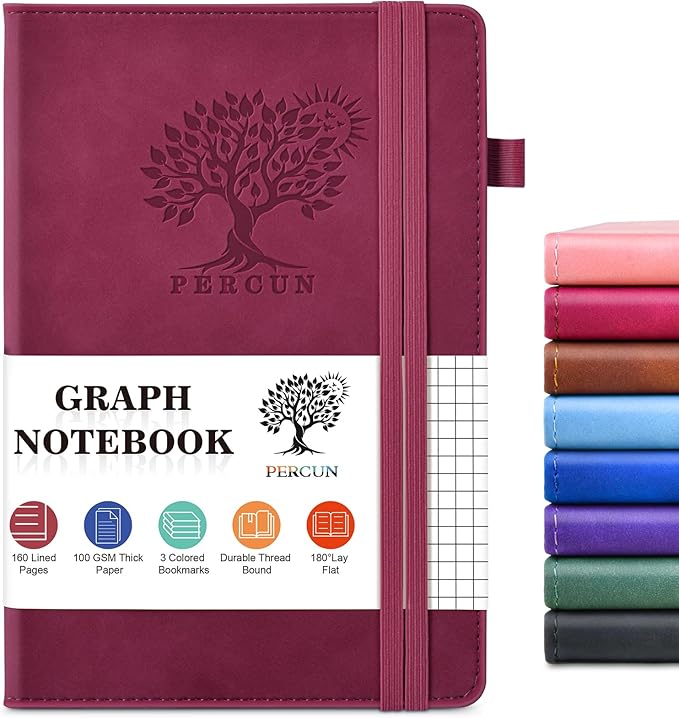 PERCUN A5 Hardcover Graph Paper Notebook, 5.9”x8.5” Leather Journal for Women & Men, 160 Pages Grid Paper Composition Notebook for Work, School, Math, Quad Ruled Writing Journals,Graphing (Burgundy)