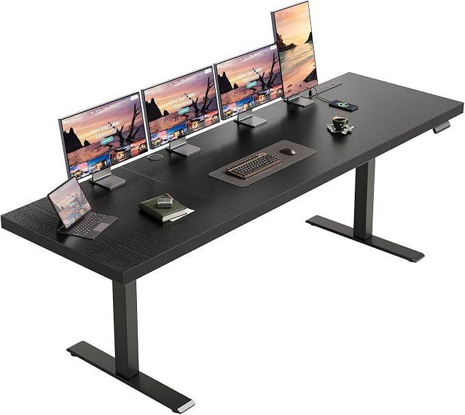 OffiGo 79 Inch Executive Electric Standing Desk Height Adjustable, Black | 1.38" Thick 3-Panel Desktop, Power Outlets, 3 Memory Presets, Dual-Beam Frame for Home Office, Workstation, Conference Room