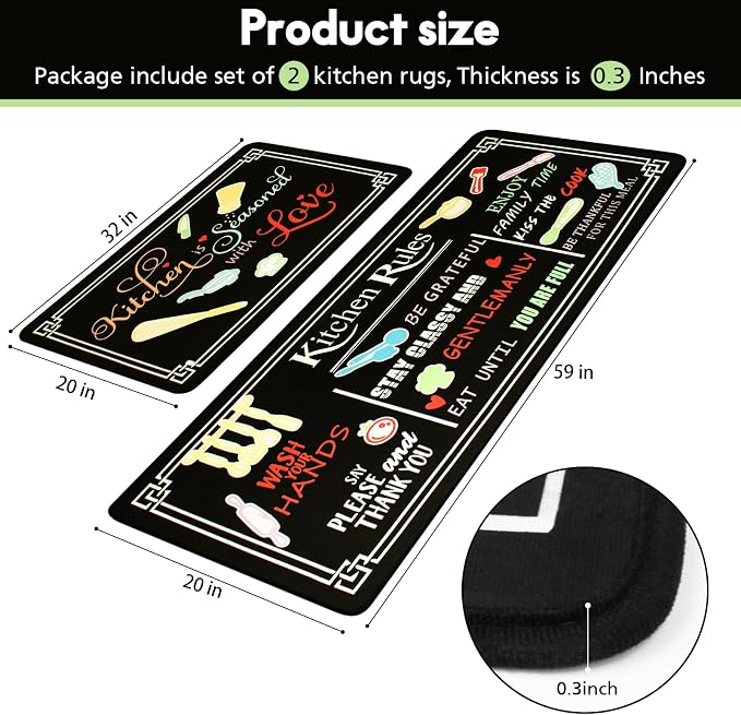Kitchen Rug Sets of 2 Piece Non Slip Kitchen Rugs and Mats Washable Kitchen Mats for Floor Kitchen Carpet Runner Rugs Decor for Laundry Bathroom Living Room,Colorful Kitchen Rules 20"x 59"+20"x 32"