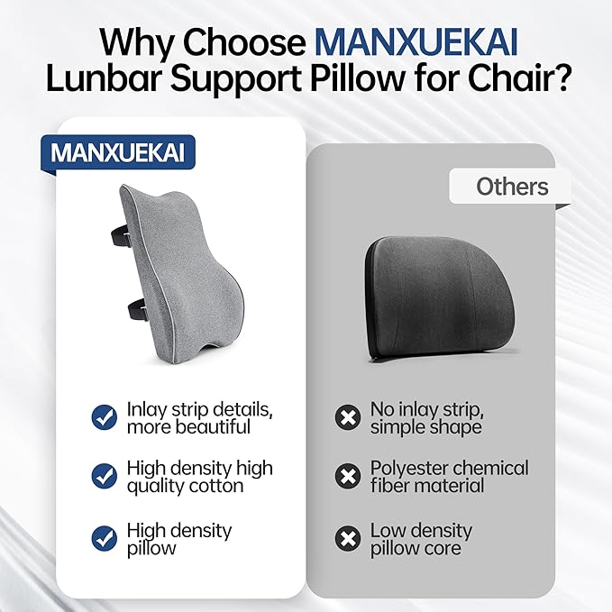 Plush Comfortable Memory Foam Lumbar Support Pillow - Soft Back Cushion for Office Chair, Car Seat, Gaming Chair - Ergonomic Lower Back Pain Relief with Adjustable Straps & Washable Cover-Grey