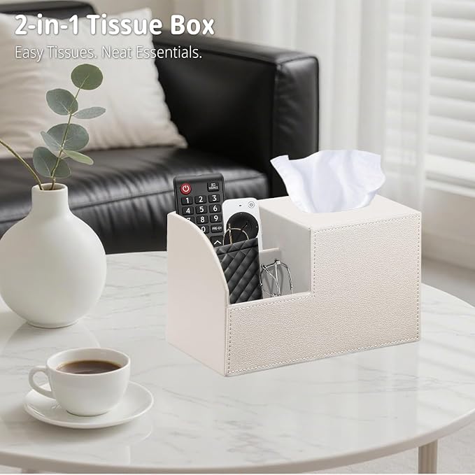 Square Tissue Box Cover with Storage, PU Leather Cube Tissue Box Holder, Remote Control Nightstand Organizer, Modern Desk Caddy for End Table, Bathroom, Bedroom, Home, Office Decor | TV Remote Control Holder, Desk Accessories Nightstand Organizer, Mode...