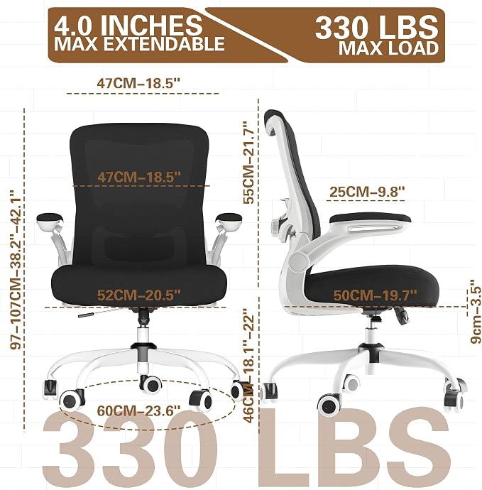 Ergonomic Office Chair for Long Hours, Adjustable Padded Lumbar Support for Lower Back Relief, 330 lb Capacity, Comfortable Computer Desk Chair for Home Office, Work & Study