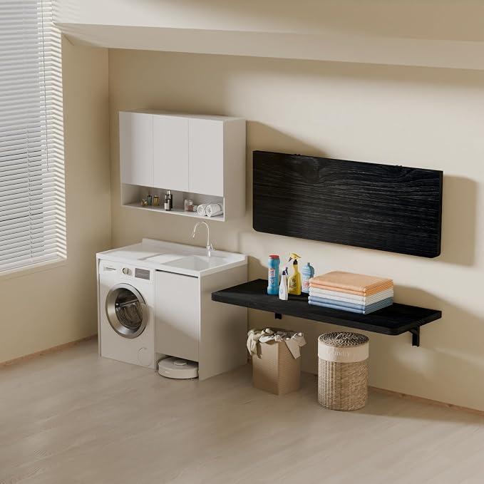 IAE Wall Mounted Folding Table with Pine Wood,36" x 14" Floating Wall Desk,Laundry Folding Table with Shelf Brackets,Fold Down Desk Shelf,Fold Workbench for Apartments,Home,Laundry Room,Kitchen,Black