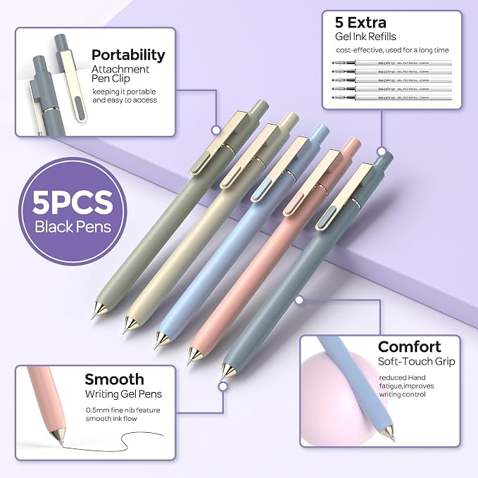 Nicpro 39 PCS Aesthetic School Supplies with Cute Purple Pencil Case, 12 Pastel Highlighters, 5 Quick Dry Black Ink Pens, 6 Mechanical Pencil 0.5 & 0.7mm for Girl Student Stationary College Essentials