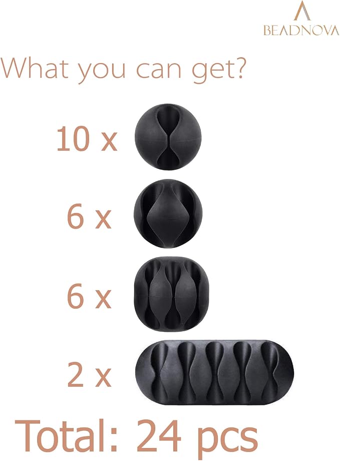 Beadnova Cable Clips Cord Organizer Cable Management Wire Cord Holder 24 Pack Adhesive Cord Holder for Car, Power Cords, Charging Accessory Cables, PC, Office (Black,1 Slots, 2 Slots, 3 Slots,5 Slots)