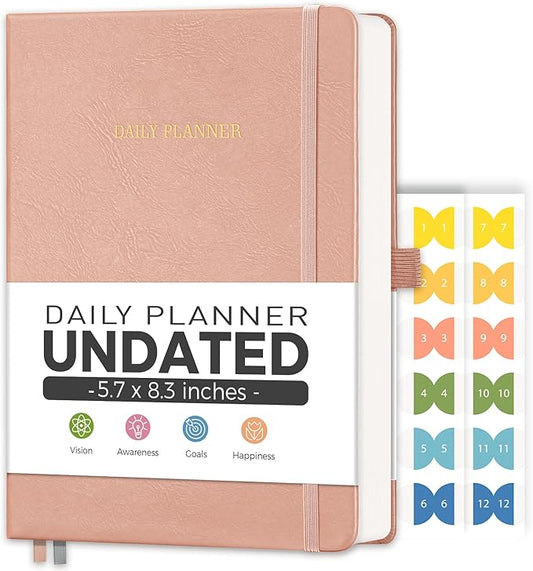 Daily Planner Undated, Appointment Book for Hourly, Daily and Monthly, 365 Days, One Page a Day, Medium Size (5.7" x 8.3"), Leather Hardcover, 12 Self-adhesive Monthly Tabs (Pink)