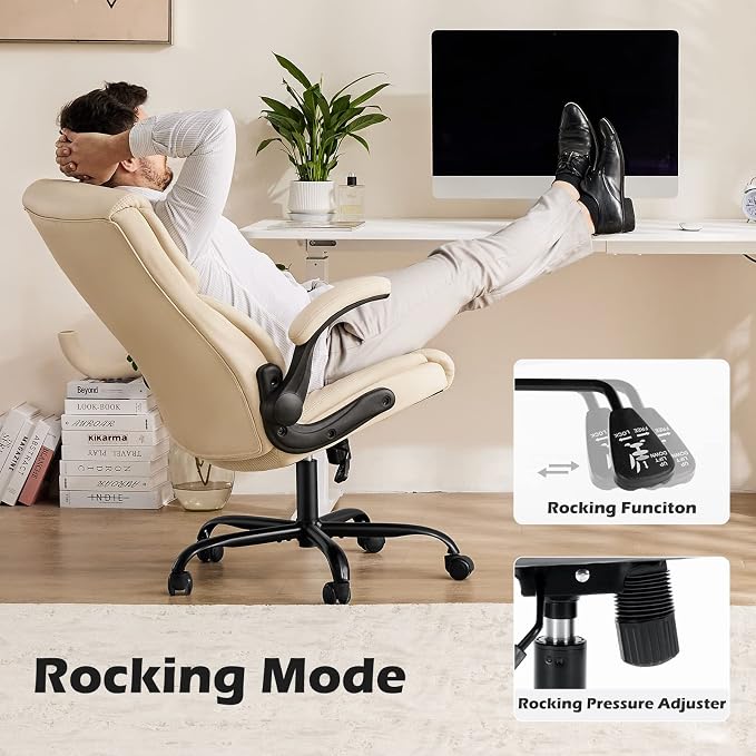 DUMOS Office Chair Set of 2 - Ergonomic Executive Computer Desk Chairs with Adjustable Flip-up Armrest, Swivel Task Chair with Lumbar Support, Strong Metal Base, PU Leather, Cream White