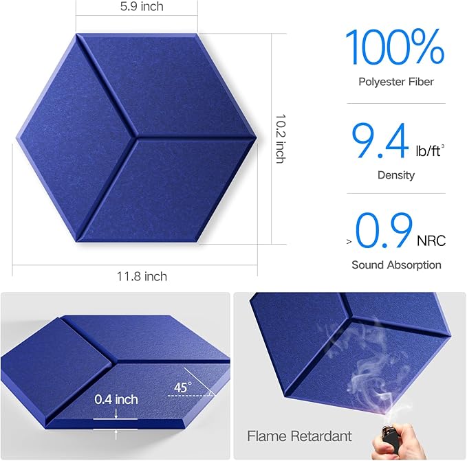12 Pack Self-Adhesive Acoustic Panels 12" X 10" X 0.4" - Sound Proof Foam Panels with High Density, Y-Lined Design, Flame Resistant, Absorb Noise and Eliminate Echoes(Telecom Blue)