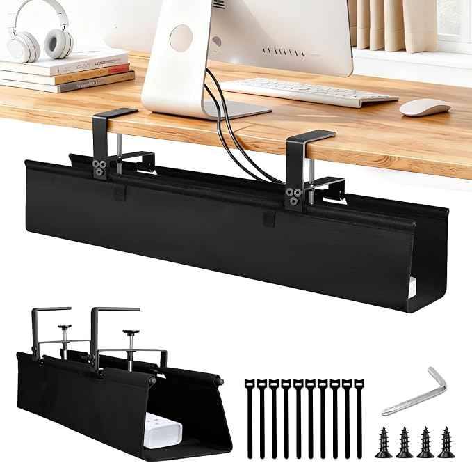 Under Desk Cable Management Tray - Heavy Duty No-Drill Clamp & Screw Mount, 28-Inch Cord Organizer for Home Office, Gaming Setup & Study Room, Holds Power Strip & Large Adapters (Black, 28"L x 5.5"W)