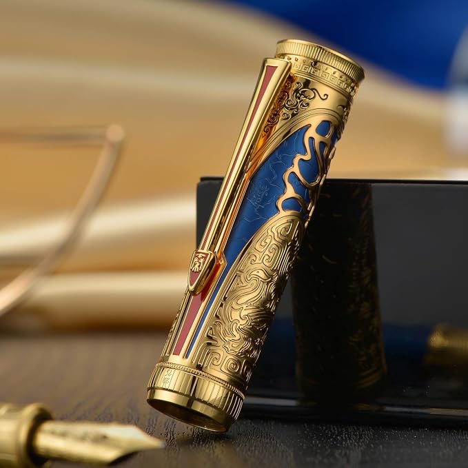 HONG DIAN D5 Qin Dynasty Fountain Pen Blue Gold, Extra Fine Nib Piston Filling Pen, Retro Chinese Totem Engraving Smooth Writing Pen with Pen Box Set