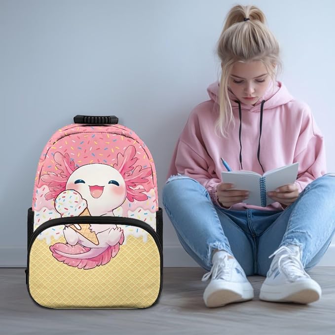 ZFRXIGN Ice Cream Axolotl Kids Backpack for Girls Bookbag with Cute Pendant 17inch Elementary School Bag and Insulated Lunch Box Portable Pencil Case Pink