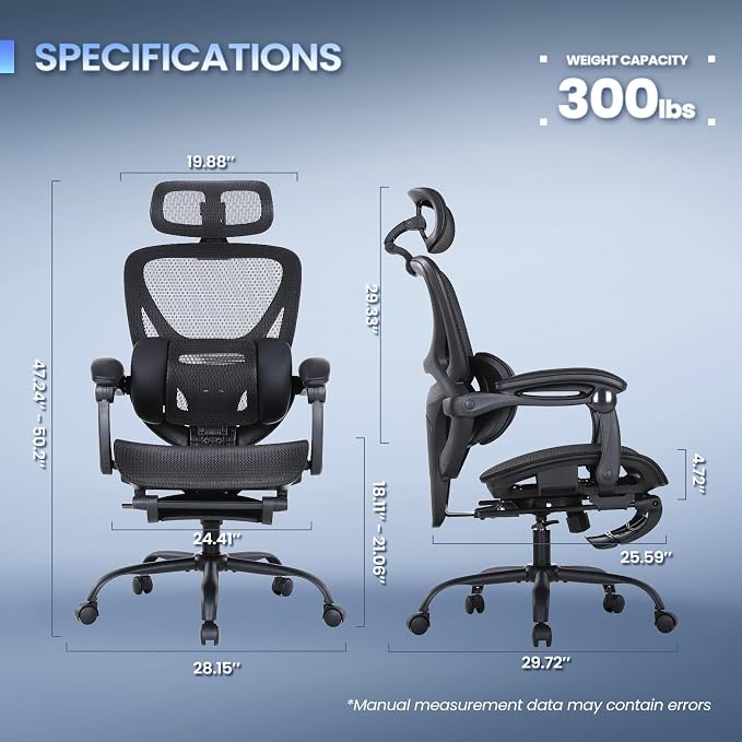 MALOL Ergonomic Mesh Office Chair with Footrest, Executive High Back Computer Desk Chair with 3D Adjustable Headrest & 5-Level Lumbar Support, Track Armrest, Tilt Lock, 300LBS, Black