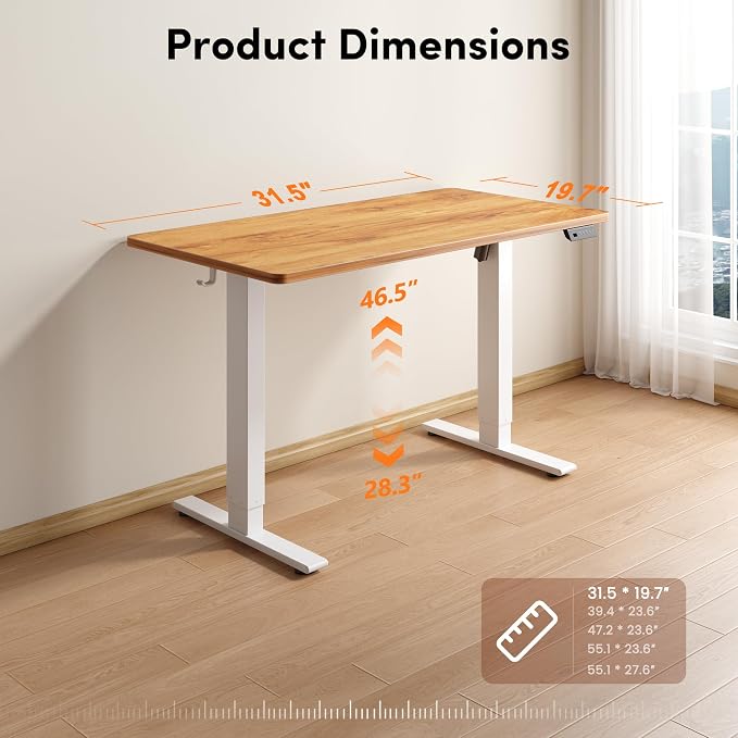 FEZIBO One-Piece Standing Desk, 32"x20" Seamless Tabletop Electric Height Adjustable for Home Office, Study Rooms & Multi-Device Workstations, Light Rustic