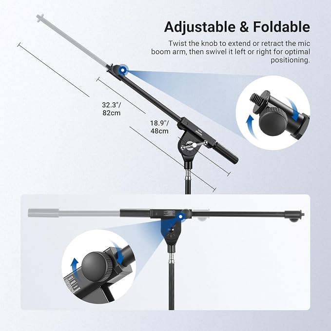 NEEWER Microphone Boom Arm for Mic Stand, Aluminum Compact Lightweight Portable Telescopic Extension Pole, 1/4" Screw & 3/8" Spigot for Universal Mics Adapter Mount Accessories, Max Load 3.3 lb, MS041