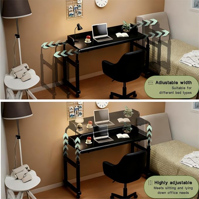 Overbed Table with Wheels and Desktop Enclosure, Height and Length Adjustable Over Bed Desk King Queen Bed Table Overbed Laptop Table (Black)