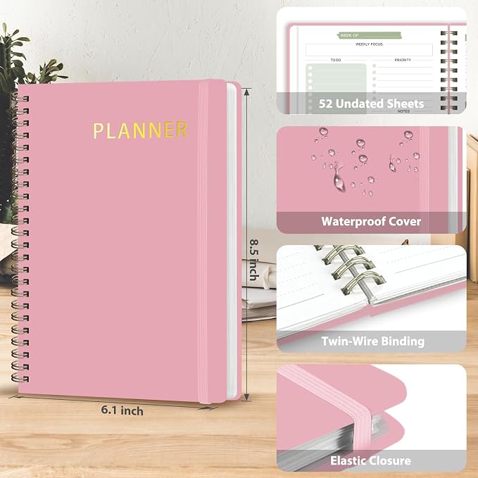 Undated Weekly Planner, Weekly To Do List Notebook with Goal, Organizer & Habit Tracker, A5 Daily Planner with Spiral Binding, Ideal for Office School Suppies
