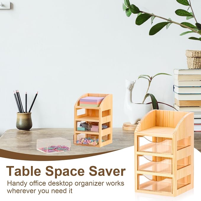 3 Drawer Desktop Accessory Storage Acrylic Sticky Note Holder with Drawers Clear Post it Note Holder Wood Paper Clip Organizer Push Pin Holder Desk Organizer Small Space 4.53"L x 4.1"W x 7.7"H
