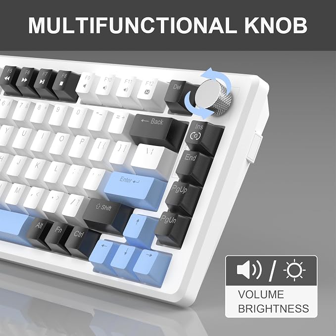 MageGee 75% Mechanical Gaming Keyboard, Compact Blue Backlit Wired Gaming Keyboards with Brown Switches, EVA Foam, Knob Control, STAR75 Portable NKRO PC Gaming Keyboard - White & Blue