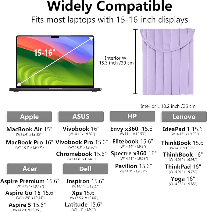 Puffy Laptop Sleeve Set 15-16 Inch Purple, Protective Carrying Case with Data Cable Bag, Cute Case Bag Compatible with 15 and 16 Inch Laptops, for MacBook Air M2 M1, Asus/Dell Xps/Lenovo