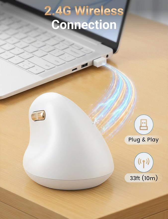 Ergonomic Vertical Wireless Mouse, 57°, Small/Medium Hands, White | Rechargeable, Quiet Click, 800/1200/1600 DPI, 2.4GHz USB Receiver, Forward/Back Buttons, Computer Mouse for Laptop PC Mac