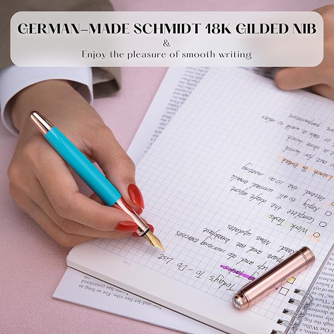 Turquoise Pen with 8MM Diamond-Stunning Luxury Fountain Pen, Schmidt 18K Gold Plated Nib (Fine), Real Rose Gold Finish, Fancy Pen Gift Set for Women, Executive, Nice, Beautiful Designer Pens