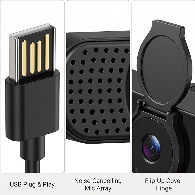 1080P Webcam with Noise-Cancelling Microphone and Tripod - Computer Camera with Privacy Shutter - 110° Wide Angle - USB Plug & Play for PC Laptop - Zoom Teams Streaming
