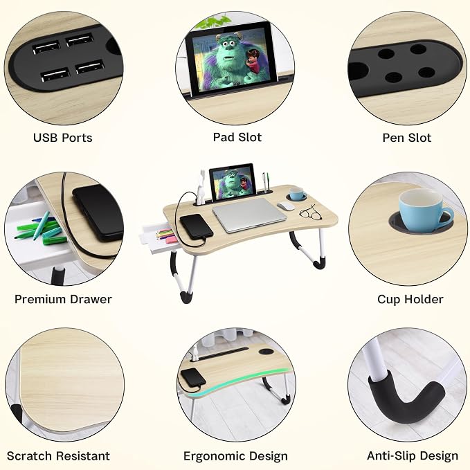 Slendor Lap Desk with Tablet Slot, Foldable Laptop Table with Storage Drawer，Portable Bed Desk for Laptop, Computer Tray with Cup Holder Notebook Stand Reading Holder for Couch Floor, White Maple
