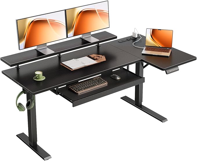 OffiGo 55 Inch L Shaped Electric Standing Desk with Keyboard Tray, Reversible Height Adjustable Corner Computer Desk with Monitor Stand, Sit Stand Up Lift Table for Home, Office, Carbon Fiber Black